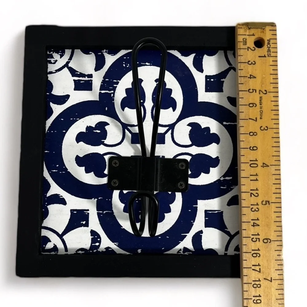 Painted Wood Frame with Blue and White Faux Painted Tile Metal Coat Wall Hook